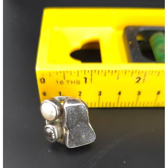 Vintage Brutalist 925 Silver Ring Black Druzy Quartz & Pearls Size 6-3/4 to 7 - Picture 14 of 16